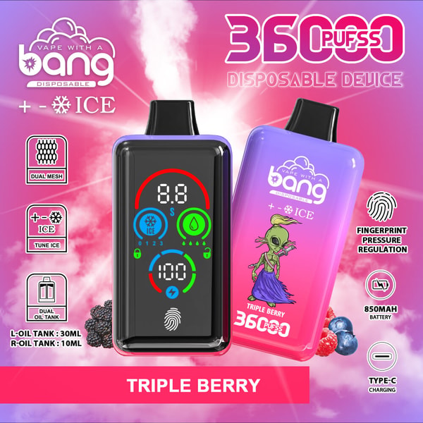 Bright pink‑purple advertisement for a Bang disposable vape showing two gradient Triple Berry devices—one with a colorful digital display and fingerprint icon, the other with an alien illustration—and feature badges for 36000 puffs, ICE cooling, dual mesh, dual oil tanks (L 30 ml, R 10 ml), fingerprint pressure regulation, 850 mAh battery and USB‑C charging