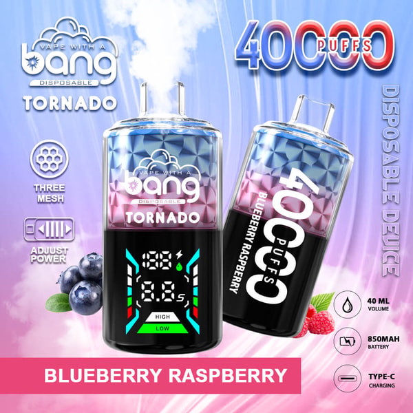 Zwei metallisch blau-rosafarbene Bang Tornado-Einweg-Vaporizer, einer aufrecht mit farbiger digitaler Stromversorgung/Anzeige und der andere geneigt mit großem Text "4000 Züge" und "Blaubeer-Himbeere", auf einem Hintergrund mit Farbverlauf von Blau zu Rosa mit Blaubeer- und Himbeerbildern und Symbolen, die drei Mesh-Anzeigen mit einstellbarer Leistung, 40-ml-Volumen, 850-mAh-Akku und Typ-C-Aufladung anzeigen.