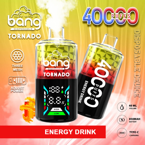 Zwei farbenfrohe Bang-Einweg-Tornado-Vape-Geräte, eines aufrecht mit digitalem Bildschirm und das andere geneigt, mit der Aufschrift "4000 Züge" und "Energy Drink", mit Symbolen für drei Mesh, einstellbare Leistung, 40 ml Volumen, 850-mAh-Akku und Typ-C-Aufladung vor einem gelb-orangefarbenen, rauchigen Hintergrund