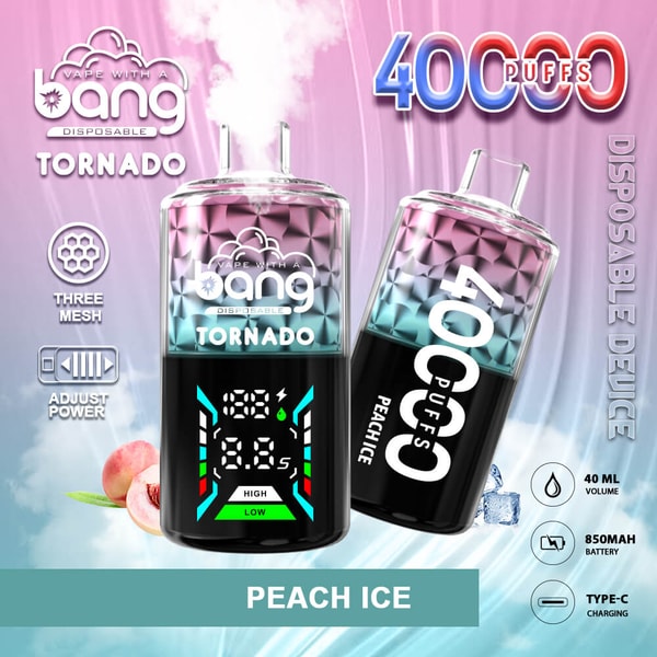 Zwei pink-blaugrüne Bang 'Tornado'-Einweg-Vaporizer mit der Aufschrift „Peach Ice“ und 4000 Züge – einer aufrecht mit digitalem Bildschirm und der andere geneigt – vor einem rosa-blauen Farbverlauf mit Pfirsichscheiben, Eiswürfeln und Symbolen für dreimaschige, einstellbare Leistung, 40 ml Volumen, 850-mAh-Akku und Typ-C-Aufladung.