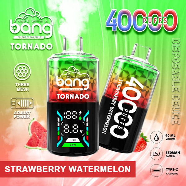 Zwei farbenfrohe Bang Tornado-Einweg-Vaporizer mit einem Farbverlauf von Grün zu Rot auf der Oberseite und einer schwarzen Digitalanzeige auf der Unterseite, auffälligem '40000 Züge'-Text und einem roten 'STRAWBERRY WATERMELON'-Banner mit Markenzeichen und Symbolen für dreimaschige Spulen, einstellbarer Leistung, 40 ml Volumen, 850-mAh-Akku und Typ-C-Aufladung vor einem grün-roten Hintergrund.