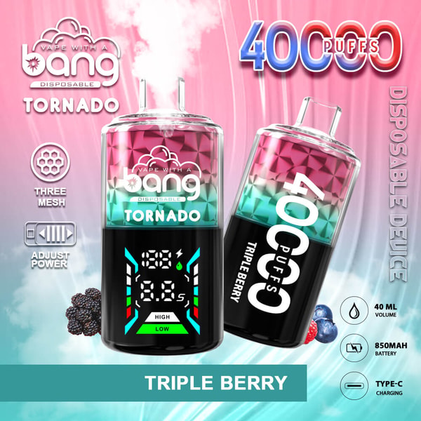 Zwei glänzende pink-blaugrüne Bang Tornado-Einweg-Vaporgeräte – eines aufrecht mit digitaler Leistungsanzeige und das andere geneigt mit der Anzeige “40.000 Züge” und “Triple Berry” – vor einem rosa Hintergrund mit Farbverlauf und Beerenbildern und Symbolen, die auf dreimaschige Spulen, einstellbare Leistung, 40 ml Volumen, 850-mAh-Akku und USB-C-Aufladung hinweisen.
