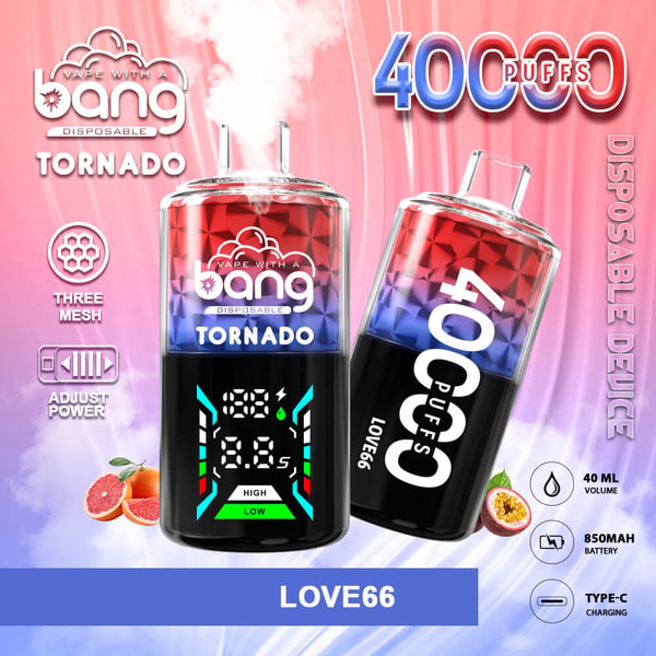 Zwei Einweg-Vaporizer von Bang Tornado mit rot-blau facettierter Oberseite und schwarzer Digitalanzeige an der Unterseite – eines aufrecht mit der Anzeige für Zug/Leistung und eines geneigt mit der Anzeige “4000 Züge” – auf einem rosa-lila Hintergrund mit Symbolen für drei Maschen, einstellbare Leistung, 40 ml Volumen, 850-mAh-Akku und Typ-C-Aufladung sowie Grapefruit- und Passionsfruchtbilder.