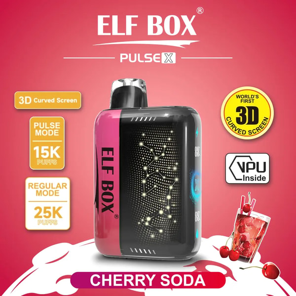 Compact pink-and-black ELF BOX Pulse X vape device with an illuminated dotted screen labeled Cherry Soda, shown on a red background with icons for 3D curved screen, VPU inside, Pulse mode 15K puffs and Regular mode 25K puffs, alongside cherries and a glass of cherry soda.
