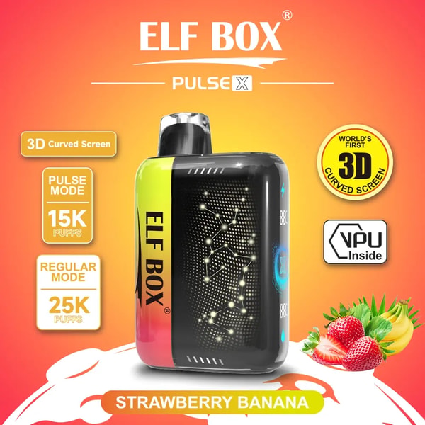 Advertising graphic for the ELF BOX Pulse X disposable vape showing a rectangular black-and-yellow device with a curved digital screen and top mouthpiece, brand name on the side, badges for 3D Curved Screen, Pulse Mode 15K puffs, Regular Mode 25K puffs and VPU Inside, plus strawberry and banana illustrations and a 'Strawberry Banana' flavor label on an orange gradient background.