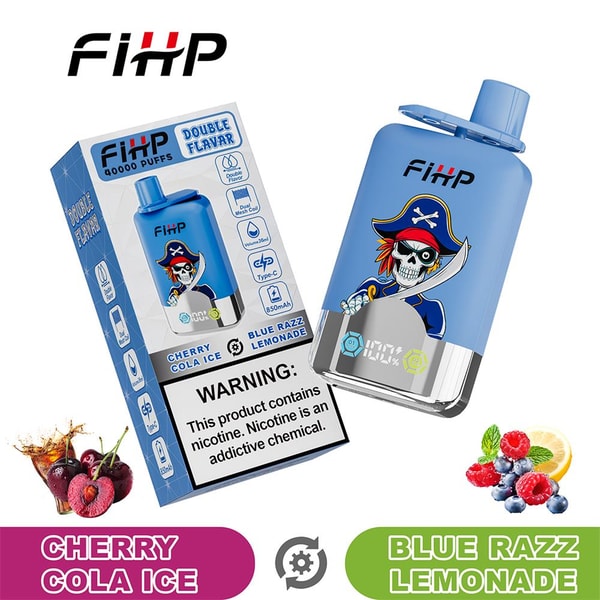Blue disposable vape device and tilted product box branded FIHP featuring a pirate skull graphic, labeled Double Flavor with Cherry Cola Ice and Blue Razz Lemonade flavors, a nicotine warning on the box, and small fruit images (cherries, berries and lemon) nearby.