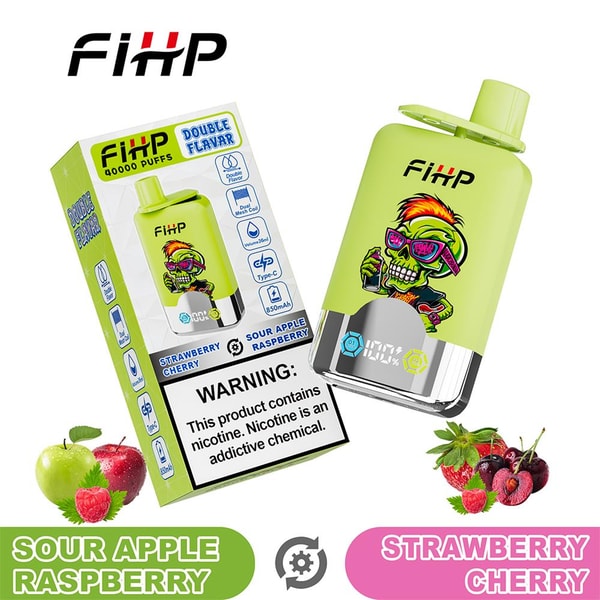 Lime-green FiHP disposable vape and its box featuring a colorful skull-with-sunglasses graphic, flavor names 'Sour Apple Raspberry' and 'Strawberry Cherry', accompanying fruit images, and a prominent nicotine warning label.