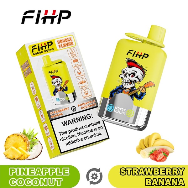 Yellow FIHP disposable vape device featuring a cartoon punk skull with a red mohawk playing a guitar, shown next to its matching box labeled “Double Flavor” and “40,000 puffs” with flavor names Pineapple Coconut and Strawberry Banana, a nicotine warning label, and small pineapple, coconut, banana and strawberry illustrations.