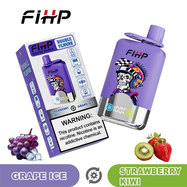 Purple FiHP disposable vape and its packaging featuring a skull-in-helmet graphic, visible nicotine warning and product icons, advertising double flavors 'Grape Ice' and 'Strawberry Kiwi' with grape, strawberry and kiwi fruit images.