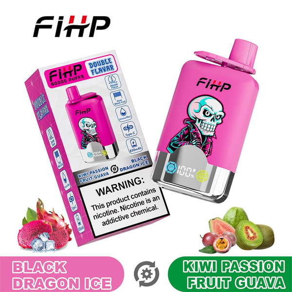 Pink FIHP disposable vape and matching box featuring a skull graphic and digital display, labeled '40,000 puffs' and 'Double Flavor' with a nicotine warning, shown alongside illustrations of dragon fruit with ice, kiwi, passion fruit and guava and flavor names 'Black Dragon Ice' and 'Kiwi Passion Fruit Guava'.