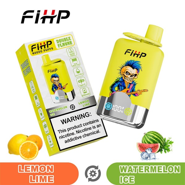 Bright yellow FiHP disposable vape and matching box labeled "Double Flavor 40000 Puffs" showing flavors Lemon Lime and Watermelon Ice, a cartoon punk with guitar, flavor icons and a prominent nicotine warning, with lemon and watermelon fruit images.