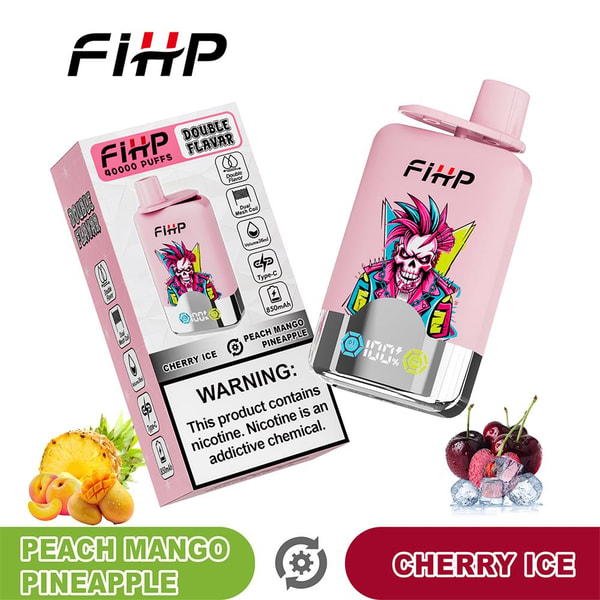 Pink FIHP disposable vape device and matching box featuring colorful punk-skull artwork, flavor labels for peach‑mango‑pineapple and cherry ice, product icons and a nicotine warning, with small pineapple, peach/mango slices and cherries on ice pictured at the bottom.