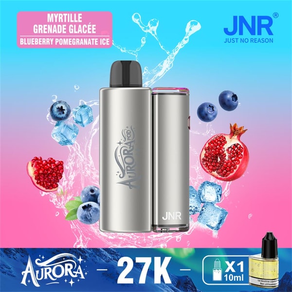 Centered silver Aurora JNR pod vape on a blue-to-pink gradient background with splashing water, ice cubes, blueberries and pomegranate halves, product text 'Blueberry Pomegranate Ice', JNR logo and a prominent '27K' label.