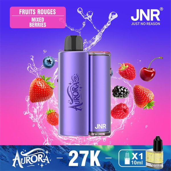 Two purple Aurora JNR disposable vapes centered on a pink-to-blue gradient background with a water splash and assorted mixed berries (strawberry, raspberry, blueberry, blackberry, cherry), plus a 'Fruits Rouges / Mixed Berries' label and a '27K' banner.