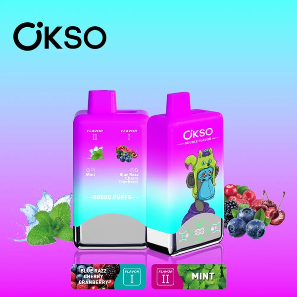 Two gradient pink-to-teal OKSO disposable vape devices—one labeled Blue Razz Cherry Cranberry with '60000 puffs' and flavor icons, the other branded OKSO Double Flavor with a cartoon green monkey—set against a cyan-to-magenta background with mint leaves, blueberries and cherries arranged around them.