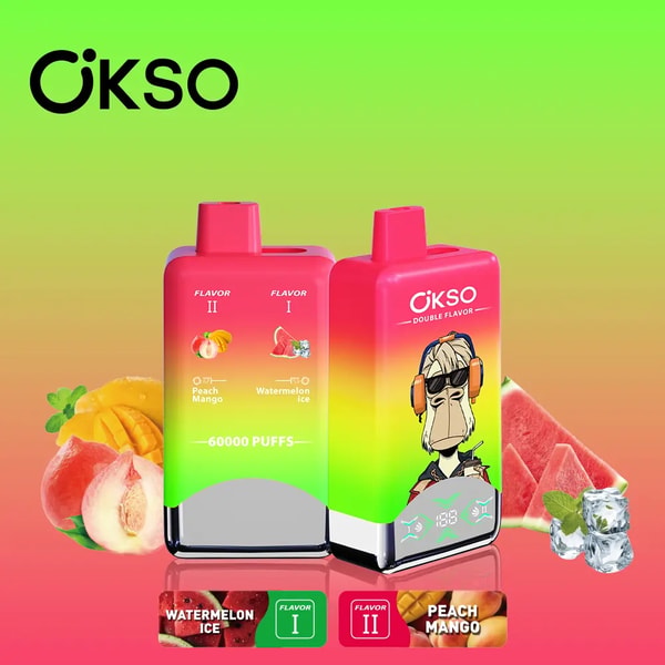 Two brightly colored gradient disposable vape devices side by side under a black OKSO logo, labeled Double Flavor and 60,000 PUFFS with flavor icons and text for Peach Mango and Watermelon Ice, one device featuring a cartoon ape wearing headphones and surrounded by peach, mango and watermelon slices and ice cubes.