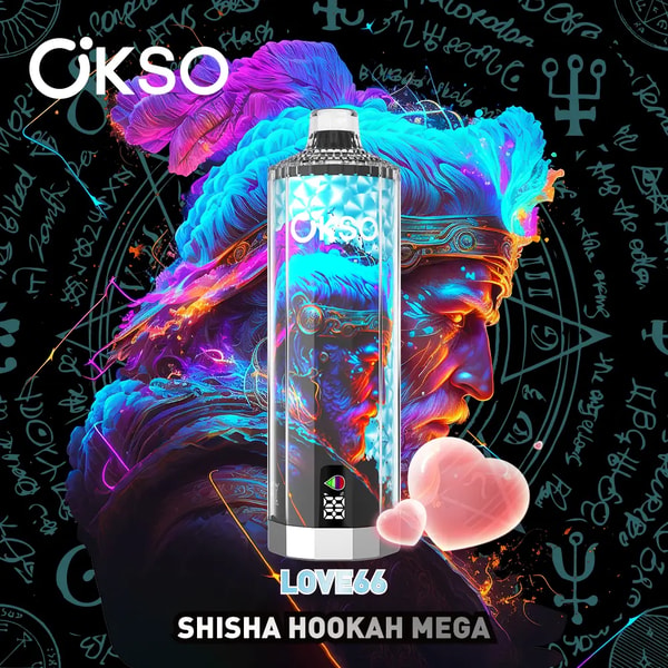 Vibrant advertisement showing a metallic, diamond-patterned hookah device labeled LOVE66 and OKSO surrounded by swirling neon blue and purple smoke and abstract cosmic artwork against a black background filled with teal mystical symbols, with the caption SHISHA HOOKAH MEGA at the bottom.