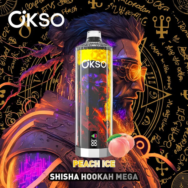 Tall OKSO-branded peach ice shisha/hookah canister with a vivid fiery label and a fresh peach in front, set against a neon orange-and-purple illustrated bearded man wearing goggles and armor, over a black background filled with golden mystical symbols and script.
