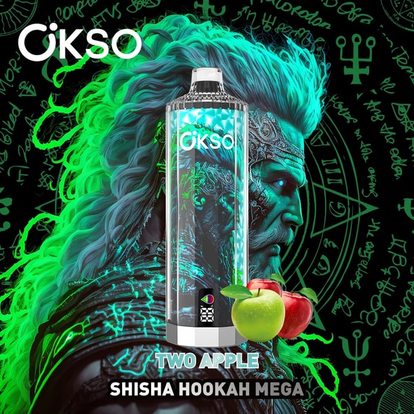 Teal-and-green neon illustration of an OKSO shisha canister centered over a glowing figure with long flowing hair against a black background patterned with mystical runes and symbols, accompanied by a red and green apple and the caption TWO APPLE SHISHA HOOKAH MEGA.