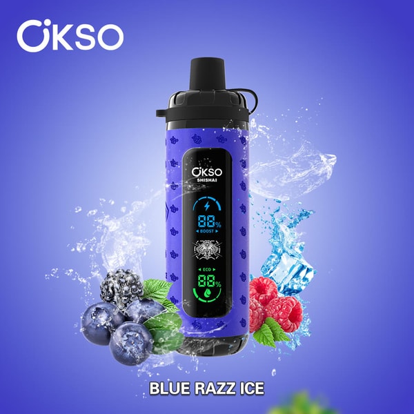 Tall blue‑purple OKSO Shishai vapor device with a black mouthpiece and digital display showing battery and mode, surrounded by splashing ice and blueberries, blackberries and raspberries on a gradient blue background with the OKSO logo and the label “Blue Razz Ice”.