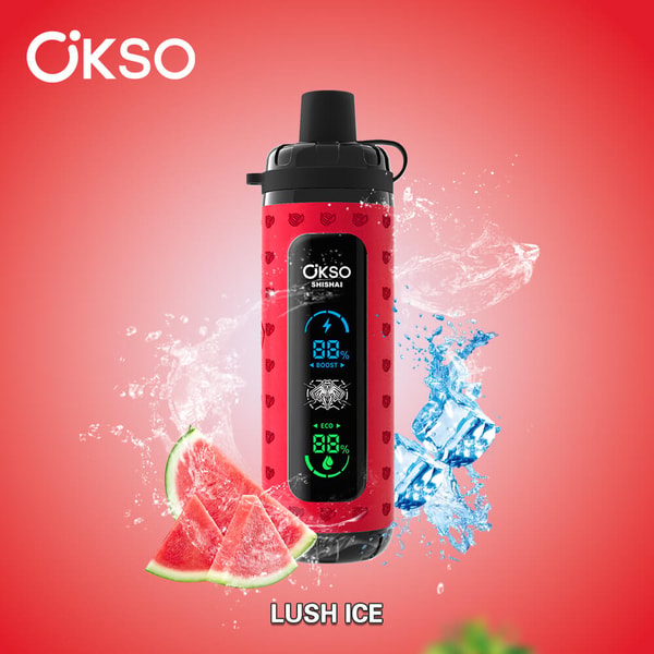 Red ÖKSO Shishai travel bottle with a black screw-top lid and vertical digital display, pictured upright with water splashes, ice cubes and watermelon slices against a red gradient background and the label LUSH ICE underneath