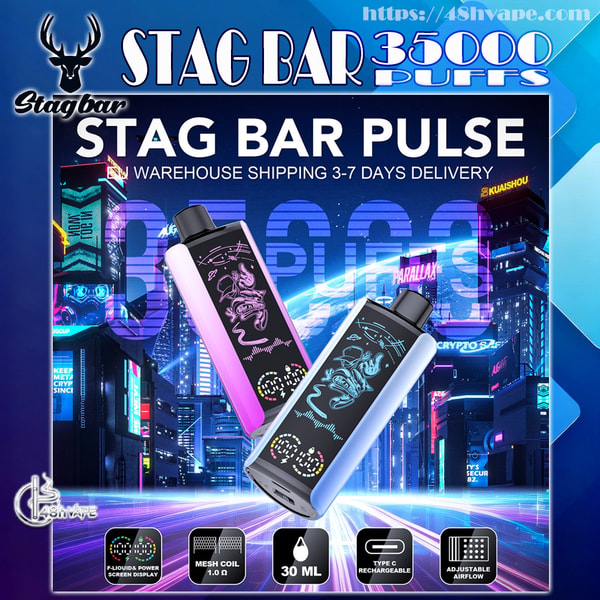 Advertisement for the Stag Bar Pulse vape showing two pastel pink and blue rectangular pod devices with deer graphics floating over a neon cyberpunk city backdrop, prominent text reading STAG BAR PULSE and 35000 PUFFS, and icons noting mesh coil 1.0 Ω, 30 mL e-liquid, Type‑C rechargeable port, and adjustable airflow.