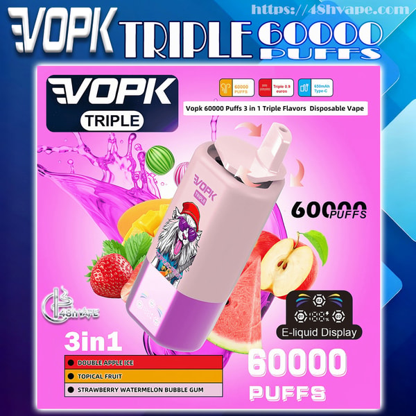 Pink and purple VOPK Triple disposable vape with a cartoon wolf graphic tilted against a bright pink background, surrounded by strawberries, apple slices and watermelon, labeled 60,000 puffs, 3-in-1 triple flavors and E-liquid display.
