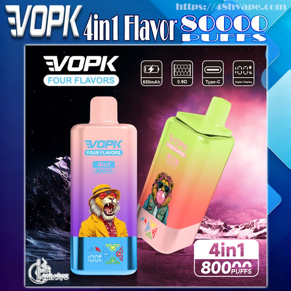 Bold advertisement showing two VOPK 4-in-1 disposable vape devices with gradient finishes—one featuring a roaring tiger in a hat and the other a sunglasses-wearing ape blowing a bubble—labeled FOUR FLAVORS and claiming 4in1 80000 puffs, with icons for 650mAh battery, 0.9Ω coil, Type‑C charging and digital display against a neon mountain background.