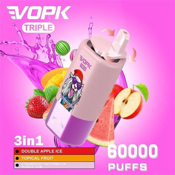 Bright pink VOPK Triple disposable vape device with a stylized lion sticker floating amid strawberries, watermelon, apple and mango, labeled 3-in-1 flavors and 60,000 puffs
