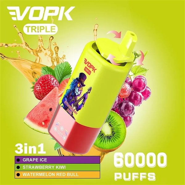 Bright lime-green advertisement featuring a yellow-and-red VOPK Triple disposable vape decorated with a blue cat musician, surrounded by watermelon, strawberry, kiwi and grapes with juice splashes, and text noting 3-in-1 flavors (grape ice, strawberry kiwi, watermelon red bull) and 60,000 puffs