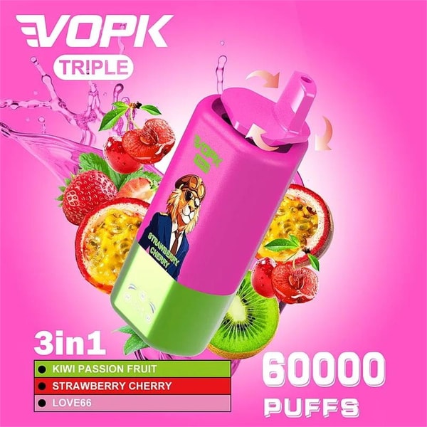 Bright pink promotional image of a pink-and-green VOPK Triple disposable vape with a lion logo and rotating mouthpiece, surrounded by kiwi, passion fruit and strawberries, labeled 3-in-1 flavors (Kiwi Passion Fruit, Strawberry Cherry, LOVE66) and 60,000 puffs.