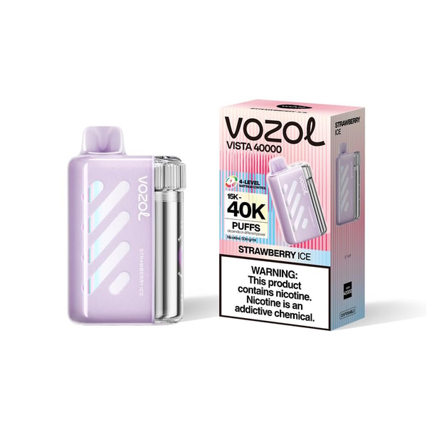 A lavender VOZOL Vista 40000 disposable vape with a clear silver pod next to its pink-striped 'Strawberry Ice' retail box labeled '40K puffs' and showing a prominent nicotine warning.
