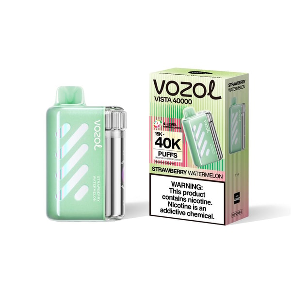 A mint-green VOZOL Vista 40000 disposable vape device with a clear cylindrical cartridge standing beside its matching box labeled "40K puffs" and "Strawberry Watermelon" with a nicotine warning.