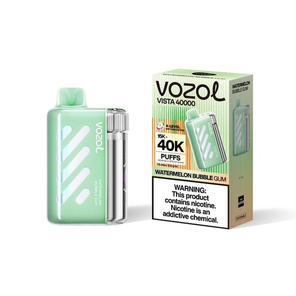 Mint-green VOZOL Vista 40000 disposable vape with diagonal white stripes and a clear cylindrical pod next to its matching box labeled Watermelon Bubble Gum and 40K puffs with a nicotine warning.
