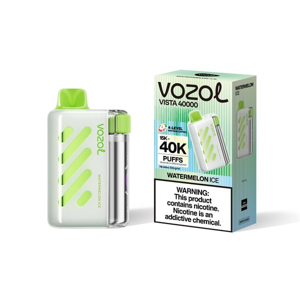 White and lime-green VOZOL Vista 40000 disposable vape with a translucent side tank and green mouthpiece labeled Watermelon Ice, pictured beside its matching box advertising 40K puffs and a nicotine warning.