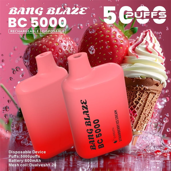Two pink-red Bang Blaze BC5000 disposable vape devices in the foreground against a pink backdrop with strawberries and a strawberry-ice-cream cone, with prominent text noting 5000 puffs and 'rechargeable | disposable' flavor.
