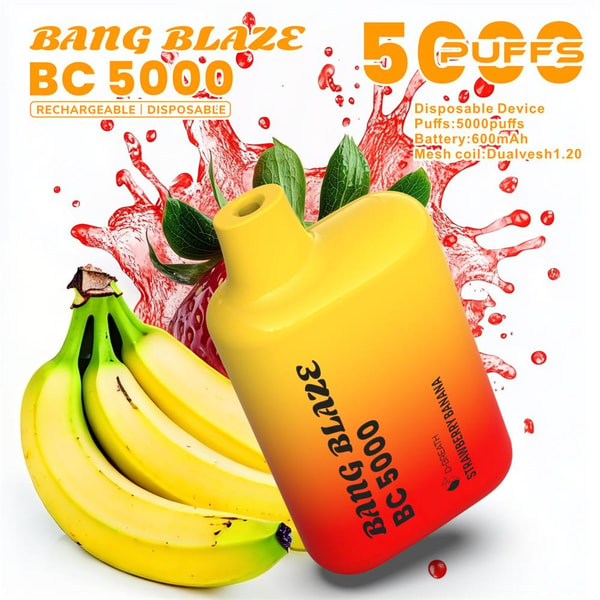 Yellow-to-red gradient Bang Blaze BC5000 disposable vape device angled beside a bunch of ripe bananas with a red strawberry splash background and large orange text reading '5000 puffs' plus product specifications.