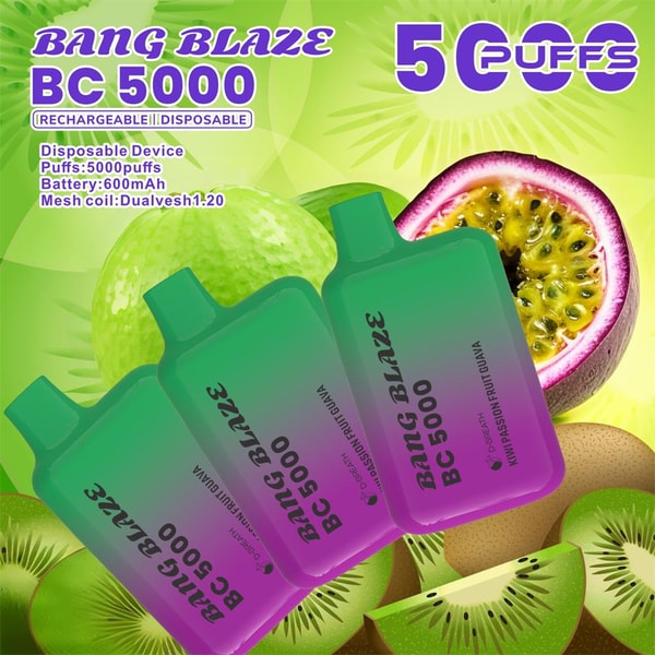 Three green-to-purple Bang Blaze BC 5000 disposable vape devices tilted across a leafy green background with a prominent '5000 puffs' headline, small product specs, and sliced kiwi and passionfruit images.