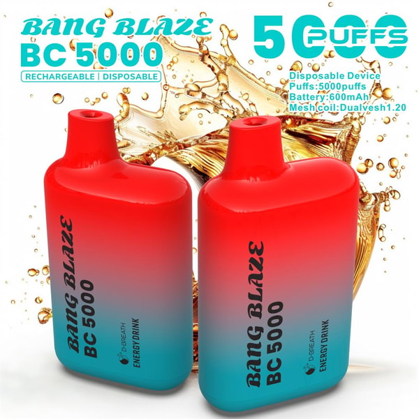 Two red-to-blue gradient Bang Blaze BC5000 disposable vape devices with visible mouthpieces standing side by side against a golden energy-drink splash background and large "5000 puffs" product text.