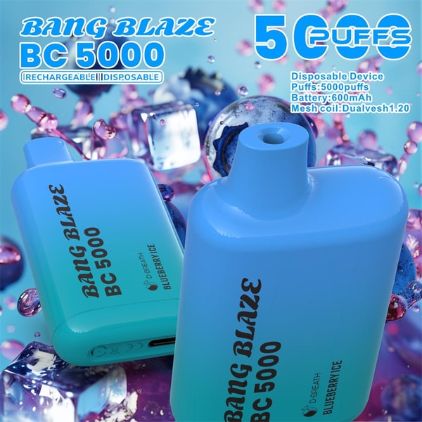 Two glossy blue Bang Blaze BC 5000 disposable vape devices with '5000 puffs' branding and 'Blueberry Ice' flavor, shown amid floating blueberries, ice cubes and droplets.