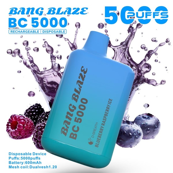 Bright turquoise-blue disposable vape device labeled BANG BLAZE BC 5000 tilted against splashes of purple liquid with blueberries and raspberries, alongside large '5000 PUFFS' text and small product details.