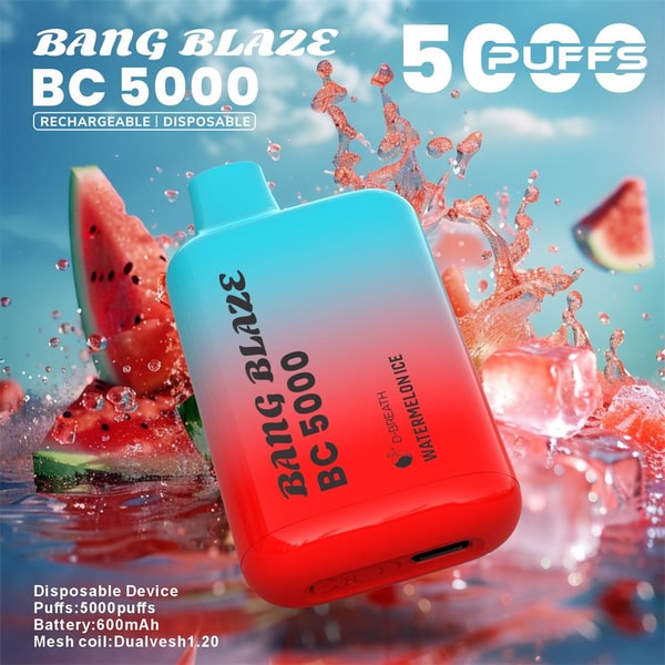 Bright blue-to-red gradient Bang Blaze BC 5000 disposable rechargeable vape device tilted front-center, set against splashing watermelon slices and ice with prominent '5000 puffs' and product specification text in the background