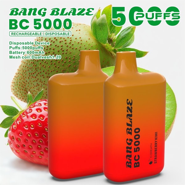 Two orange-to-red gradient Bang Blaze BC 5000 disposable vape devices displayed in front of a strawberry and a kiwi, with bold green text advertising 5000 puffs and small print listing rechargeable/disposable features and a 600 mAh battery.