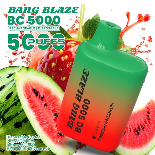 Green-to-red gradient Bang Blaze BC5000 disposable vape with a top mouthpiece and branding, pictured over splashing strawberries and sliced watermelons and labeled "5000 puffs" and "strawberry watermelon".