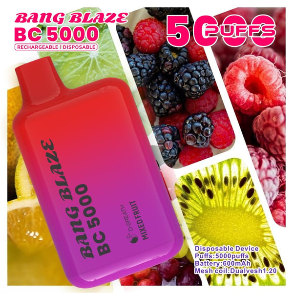 Bright red-to-pink gradient rectangular disposable vape device labeled “Bang Blaze BC 5000” set against a collage of berries, kiwi and citrus, with large “5000 puffs” text and small product specs (Disposable Device, Puffs: 5000, Battery: 600mAh, Mesh coil).