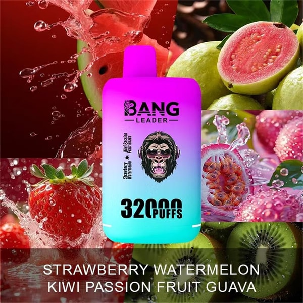 Bright pink-to-blue disposable vape device labeled BANG LEADER and 32000 PUFFS centered over a collage of splashing fruits — strawberry, watermelon, kiwi, passion fruit and guava — with the flavor names listed at the bottom.
