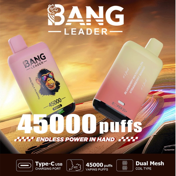 Two gradient-colored Bang Leader disposable vape devices floating against a sunset racetrack background, featuring a stylized monkey logo on one unit, large "45,000 puffs" text, flavor names like blueberry, watermelon, strawberry and mango, and icons for Type-C USB charging and dual mesh coil.