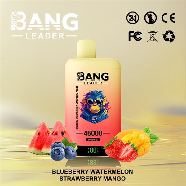 Colorful disposable vape device labeled BANG LEADER with a stylized monkey wearing sunglasses and a digital '45000 PUFFS' display, shown on a pale yellow background with watermelon, blueberries, strawberries and mango slices at the base and certification icons in the top right.