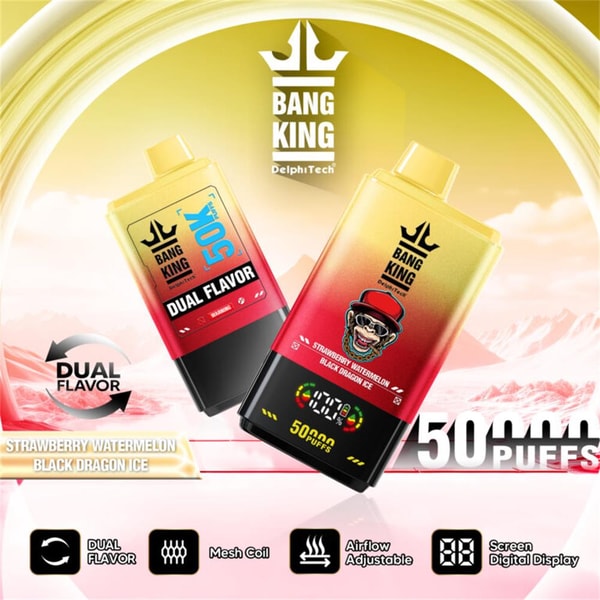 Advertisement showing two yellow-to-red gradient Bang King DelphiTech vape devices with a crown logo, one labeled Dual Flavor and both listing Strawberry Watermelon/Black Dragon Ice and 50,000 puffs, set against a golden sky background with icons for dual flavor, mesh coil, adjustable airflow, and digital screen.