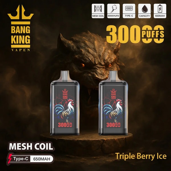 Two Bang King Vapen disposable vape devices with colorful rooster artwork and '300 PUFFS' text set against a dark smoky backdrop featuring a snarling beast face, with the brand logo, feature icons (mesh coil, Type‑C, 650mAh) and the flavor label 'Triple Berry Ice'.